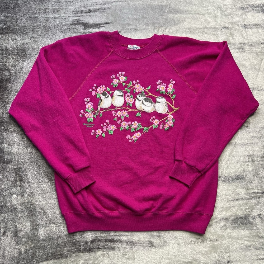 Vintage 90s Morning Sun Birds Sweatshirt Women's L Crewneck‎ Grandmacore Pink